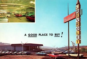A postcard from the late 1960s shows what the original Harloff Chevrolet looked like at the corner of San Marcos Road (Encinitas Boulevard) and El Camino Real in Encinitas. (Archival image)