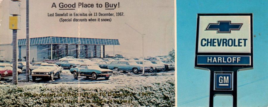 A promotional card from Harloff Chevrolet shows the rare snowfall in Encinitas that occurred Dec. 13, 1967. (Archival image)