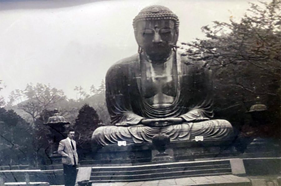 Tom Morrow, then a young writer from Iowa, at the world's largest Buddha in Japan. (Tom Morrow photo)