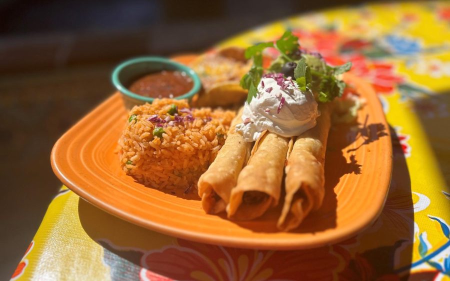 Vegetarian Flautas de Papas Especiales are three homemade tortillas with chipotle seasoned potatoes, mashed with onions, sweet peppers and garlic and lightly fried until golden brown. (Casa de Bandini photo)