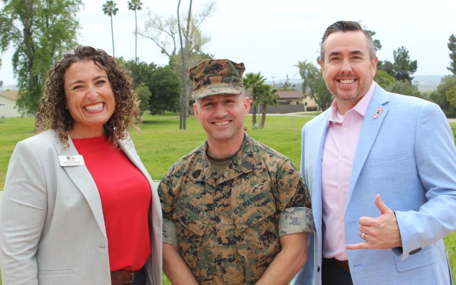 Working Wardrobes CEO Bonni Pomush (left), Marine Sgt. Major George Garcia III (center) and Michael Barrett, the organization’s client services director, attend Working Wardrobes’ “Power Up for Success” on April 14. (Courtesy photo)