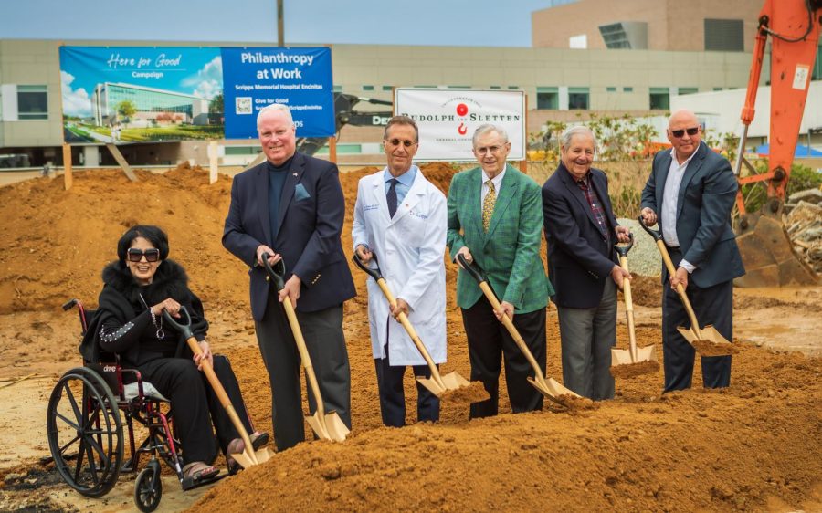 Scripps Memorial Hospital Encinitas officials and donors participate in a groundbreaking for the new Lusardi Tower and Lusardi Pulmonary Institute on Thursday, June 8. Left to right: Debbi Lusardi, Scripps Health President and CEO Chris Van Gorder, Scripps Encinitas Physician Chief Operating Executive Scott Eisman, M.D., Warner Lusardi, Scripps Board of Trustees Chairman Richard Bigelow, and Scripps Corporate Senior Vice President and Chief Development Officer John Engle. (Scripps Health photo)