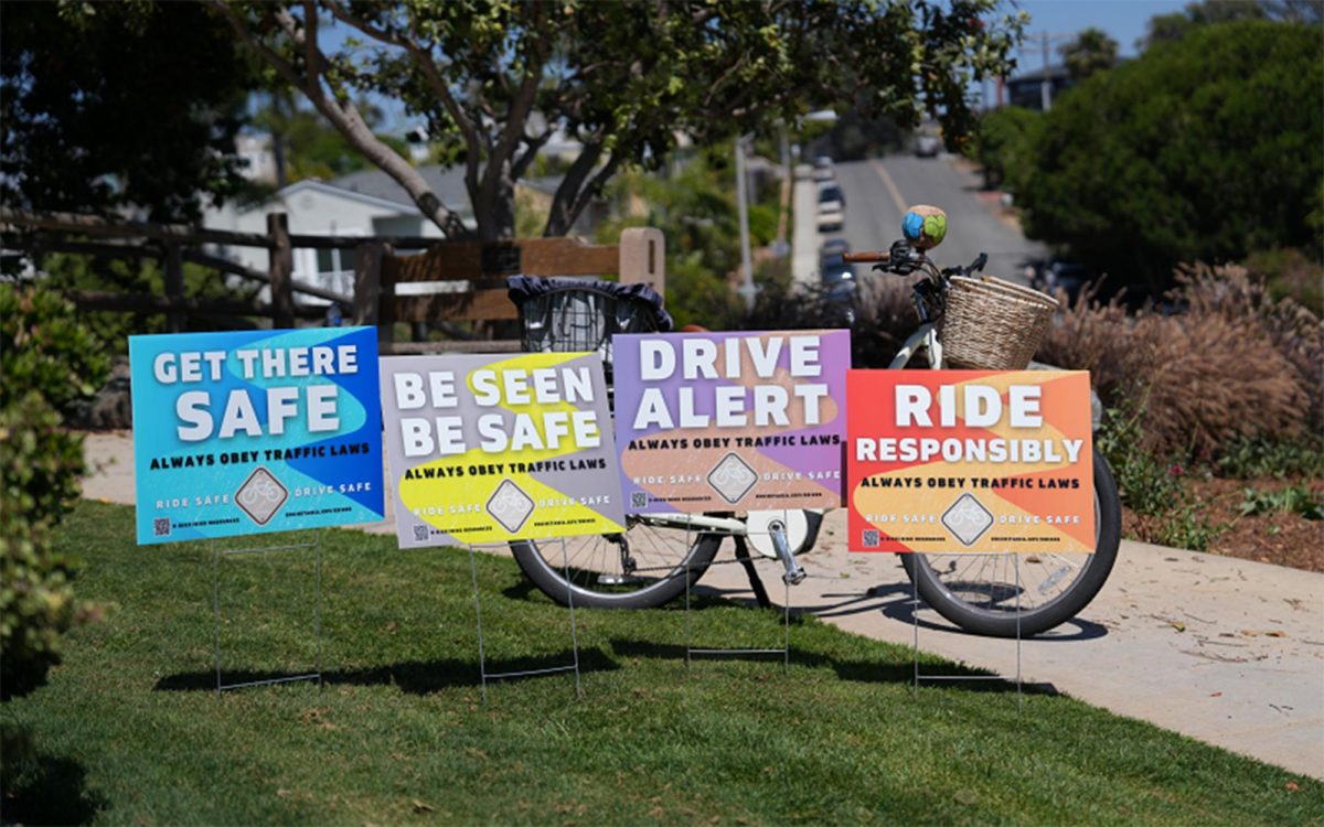 The city of Encinitas is publicizing its e-bike state of emergency and new ordinance through signs that residents can pick up and place on their lawns. (Encinitas city photo)