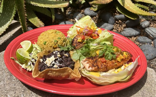 Casa de Bandini Mexican Restaurant’s Spicy Salmon Tacos include grilled salmon seasoned to perfection in two fresh lettuce wraps topped with jicama slaw, shredded cabbage and habanero mango salsa. (Casa de Bandini photo)