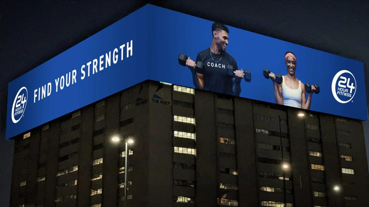 24 Hour Fitness Find Your Strength campaign three-sided digital out of home on The Reef building in Los Angeles. (24 Hour Fitness photo)