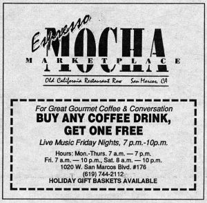 A Mocha Marketplace advertisement from December 1992. (Pioneer, CSU San Marcos collection)