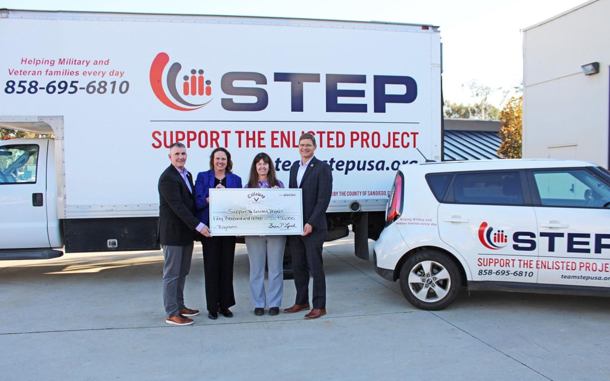 Retired Marine Col. John “JP” Farnam, past Support The Enlisted Project board chairman; STEP Director of Development Veronica Worthington; Lisa Farris, Callaway Golf Co. Foundation program representative; and STEP co-founder and CEO Tony Teravainen, retired Navy, celebrate the foundation’s $50,000 grant on Friday, Feb. 23. (Courtesy photo)