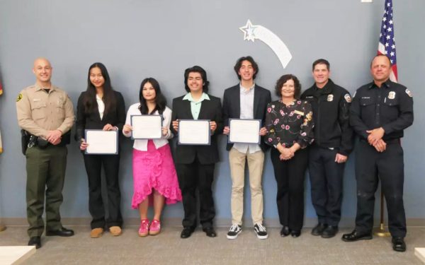 Local officials join San Dieguito Union High School District students on March 6 for the Encinitas Chamber of Commerce’s Rising Stars event. Left to right: San Diego County Sheriff’s Department Capt. Christopher Lawrence; Canyon Crest Academy student Ruby Gao; La Costa Canyon High School Klew Delos Santos; San Dieguito High School Academy student Ruben Duarte; Torrey Pines High School student Rami Kabakibi; Encinitas Deputy Mayor Allison Blackwell; Encinitas fire Capt. William Frisch; and Encinitas fire Capt. Jesse Nelson. (Encinitas Chamber of Commerce photo)