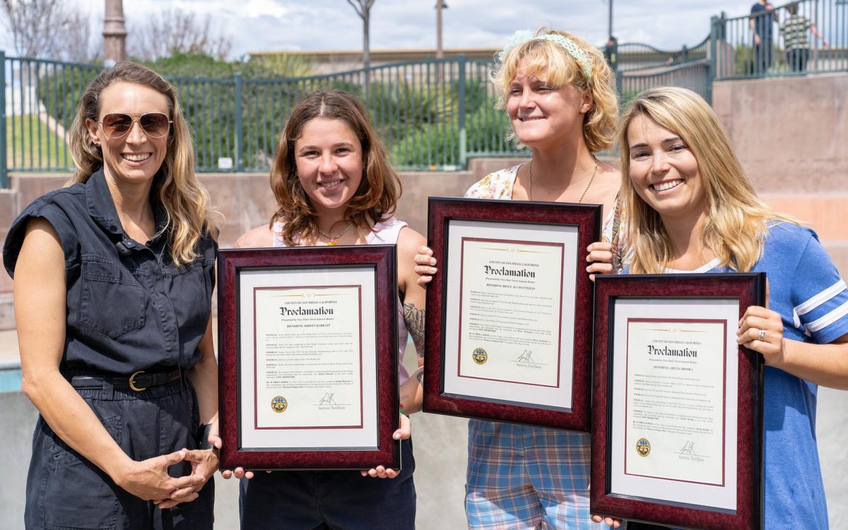 San Diego County Supervisor Terra Lawson-Remer (left) stands with skateboarders (second from left to right) Jordyn Barrat, Bryce Wettstein and Amelia Brodka at Encinitas Community Park on March 18 during a county Women of Impact celebration for Women’s History Month. (Courtesy photo)