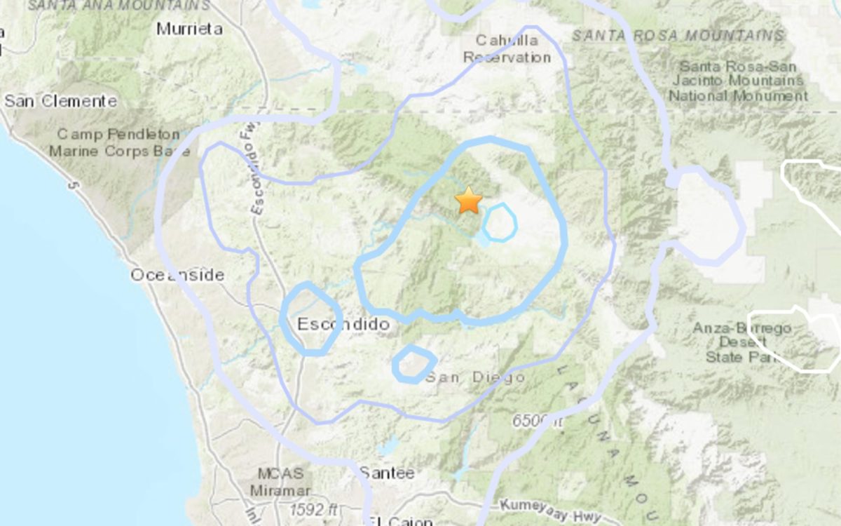 A 3.5-magnitude earthquake near Lake Henshaw, northeast of Escondido, rattled North County at 4:12 p.m. Sunday, March 31, according to the U.S. Geological Survey. (USGS map)