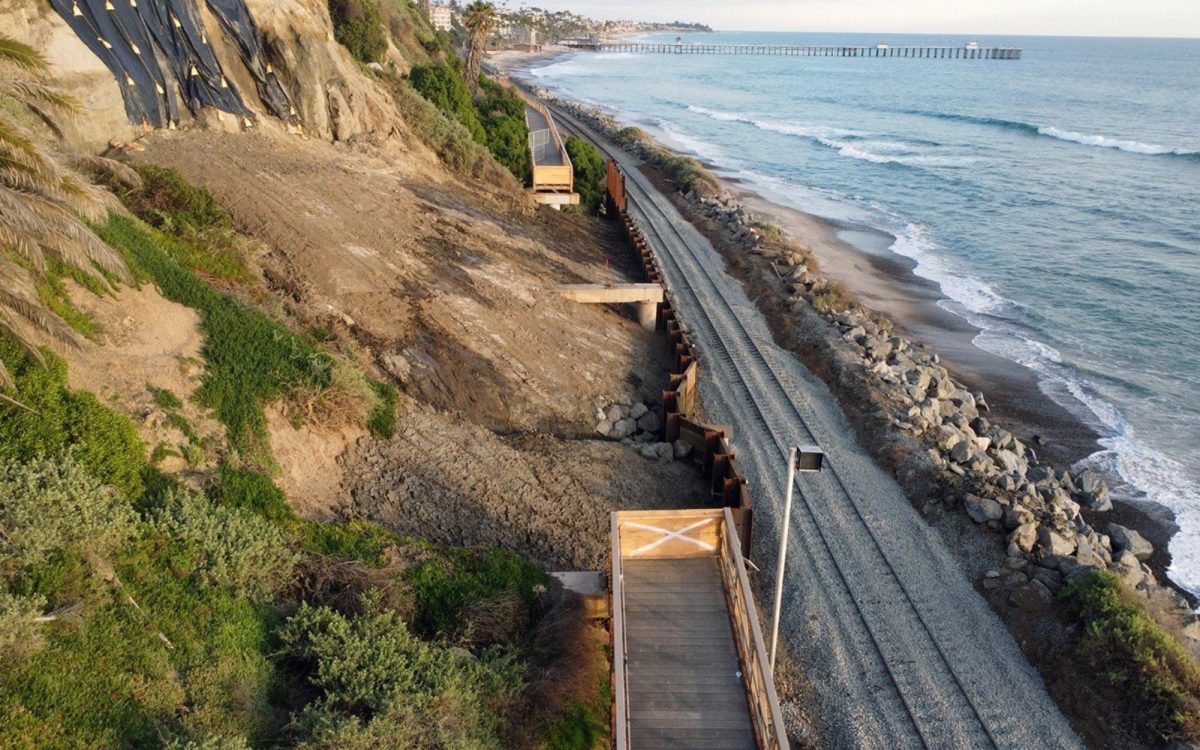 Repairs to tracks in San Clemente, shown in this March 19 photo,  are ahead of schedule and will allow for full passenger train service from Oceanside and San Diego starting March 25. (Metrolink photo)