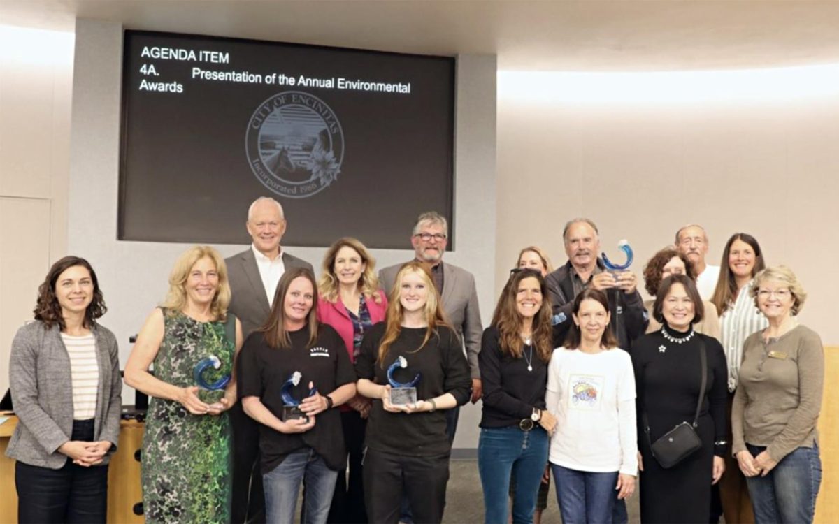 Encinitas environmental award recipients meet with members of the City Council and Environmental Commission during a meeting Wednesday, April 17. (Encinitas city photo)