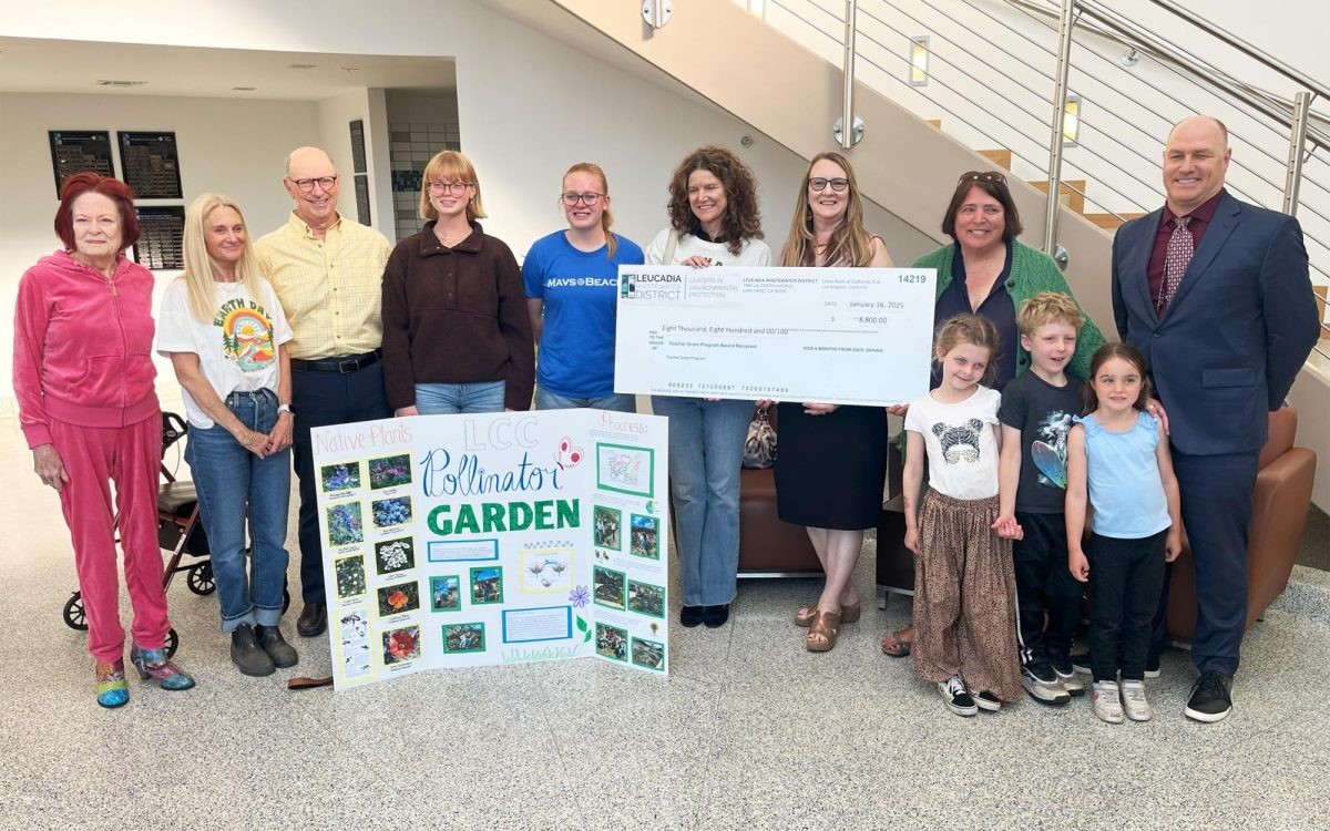 Leucadia Wastewater District board members April 9 join teachers and students who presented on projects funded by the district’s Teacher Grant Program. From left, Elaine Sullivan, board member; June Honsberger, La Costa Canyon High School teacher; Robert Pacilio, board member; Sarah McEntee and Madisyn Parady, La Costa Canyon High School students; Alyson Thile, La Costa Canyon High School teacher; Carrie Wilson Herndon, Encinitas Union School District Farm Lab; Nancy Jois, Capril Elementary School teacher; Capri kindergartener Mila and friends; Matthew S. Brown, board member. (Photo courtesy of Rising Tide Partners)