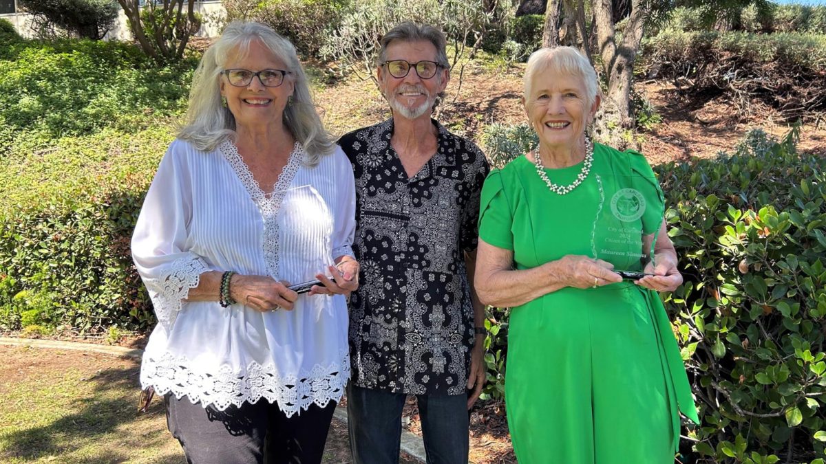 Left to right: Bonnie Biggs, Gunnar Biggs and Maureen Simons share Carlsbad’s Citizen of the Year Award at a July 29 ceremony. (Carlsbad city photo)