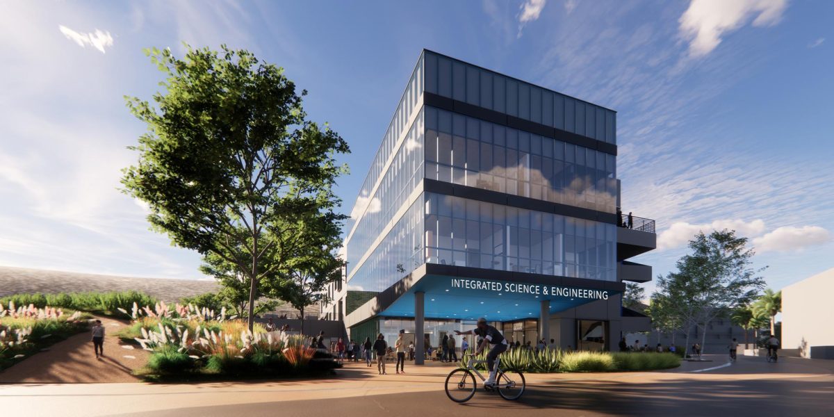 An architectural rendering shows California State University San Marcos’ Integrated Science and Engineering Building, which broke ground July 31 and is currently under construction. (CSUSM courtesy photo)