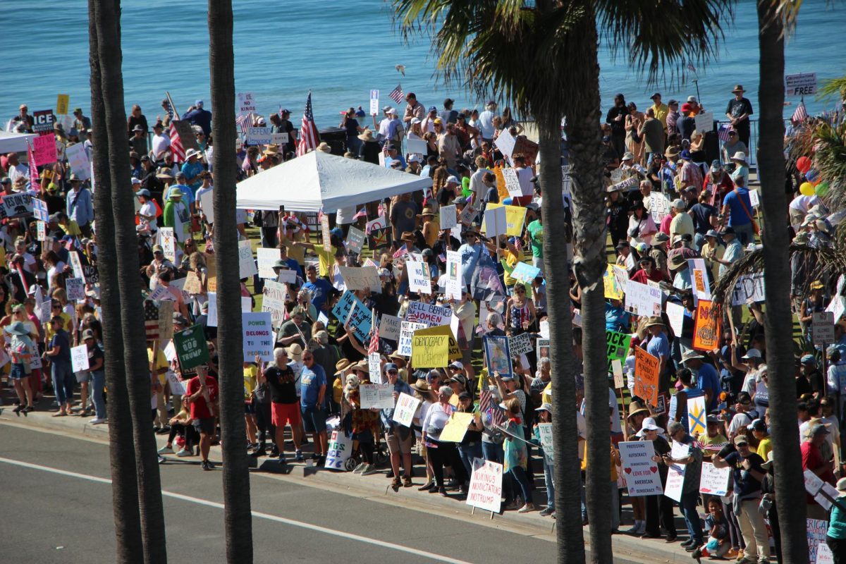 Protesters gather along Carlsbad Boulevard on Saturday, Oct. 18, as part of a nationwide “No Kings” day of protests across the U.S. (Photo by Scott Chatfield, Obvious Moose Communications)