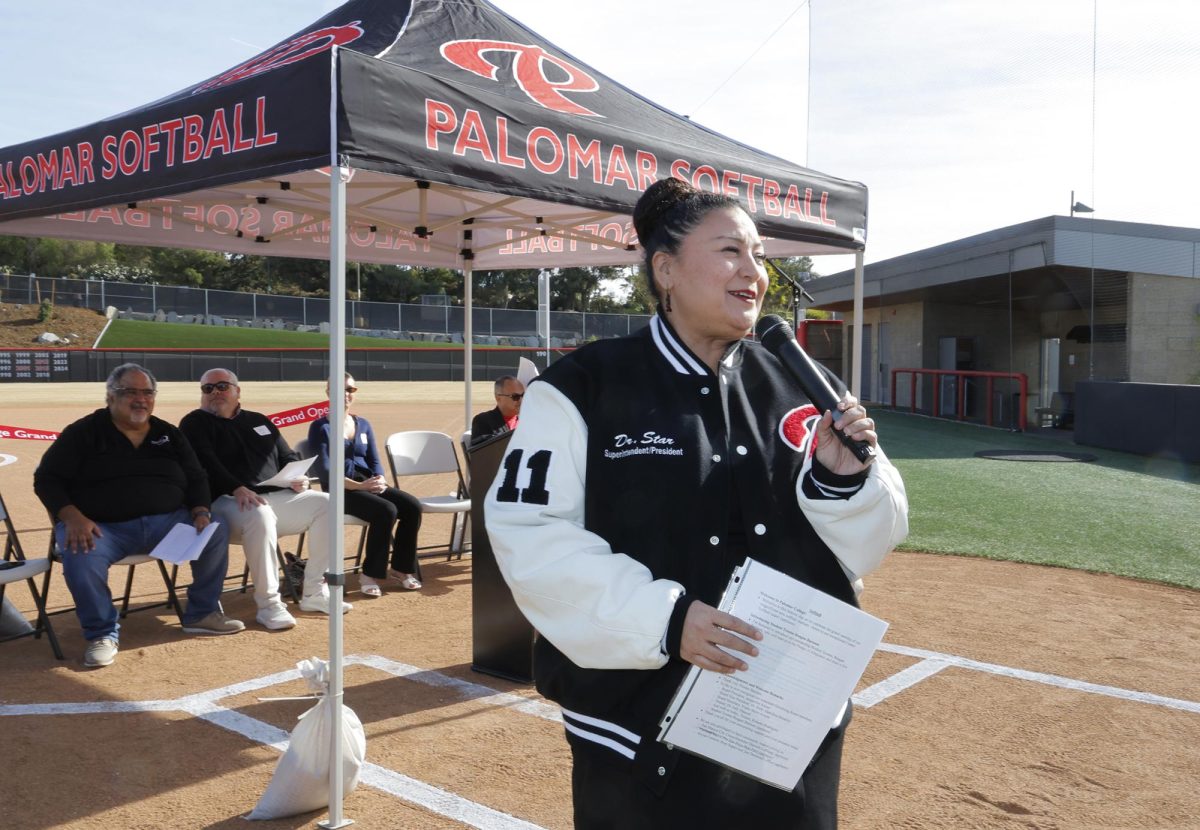 Palomar College Superintendent/President Star Rivera-Lacey speaks during the grand opening of the San Marcos campus softball field on Jan. 22. (Palomar College photo)