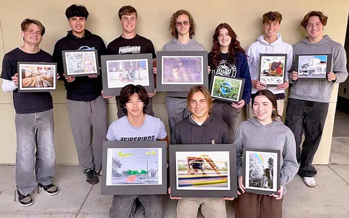 Pacific Ridge School student artists show their work that was selected for the 2025 Youth Art Month Exhibition, sponsored by the California Art Education Association. The work is on display through Jan. 11 at the Poway Center for the Performing Arts. (Pacific Ridge photo by Alison Behr)