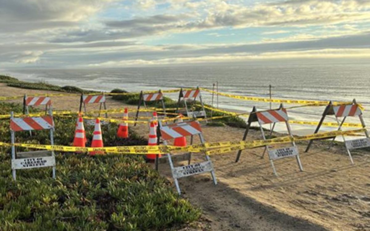 Storm-related damage is taped off at the coastal bluff west of Carlsbad Boulevard and north of Solamar Drive in Carlsbad on Jan. 7. (Carlsbad city photo)