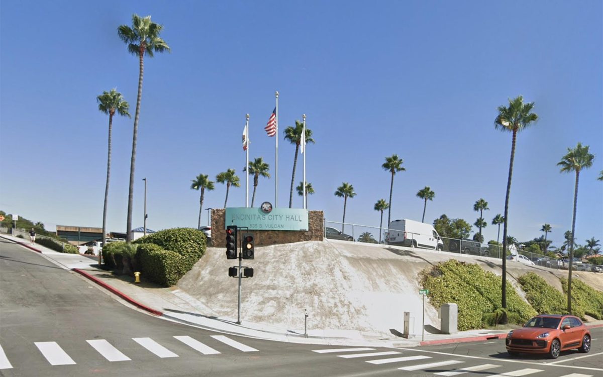 The concrete slope at Encinitas City Hall, pictured in September 2025, has been a popular spot for skateboarding stunts. (Google Street View photo)