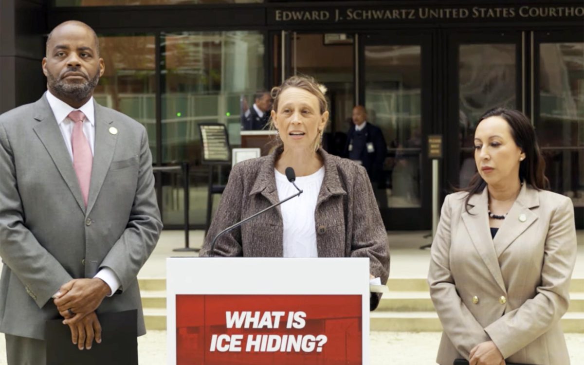 San Diego County Counsel Damon Brown (left), Board of Supervisors Chair Terra Lawson-Remer (center) and Chair Pro Tem Paloma Aguirre announce the filing of a lawsuit again federal agencies and contractor CoreCivic over health inspection access to the Otay Mesa Detention Center on March 10 in downtown San Diego. (San Diego County image)