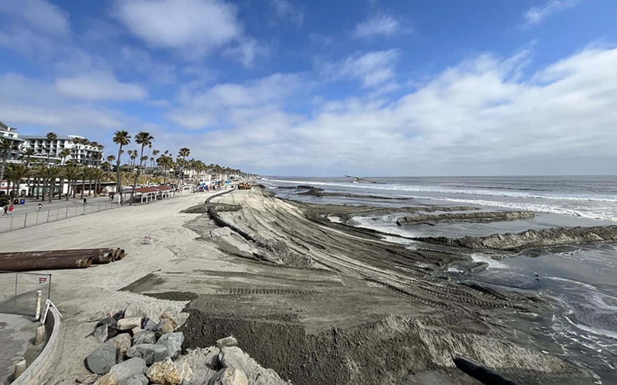 Sand dredged from Oceanside Harbor is deposited on the city’s nearby beaches, pictured in May 2024. (Oceanside city photo)