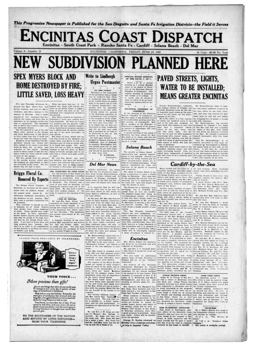The Jan. 10, 1927, edition of the Encinitas Coast Dispatch covered the planned construction of a subdivision in town in addition to upgrades to Glen Park in Cardiff.