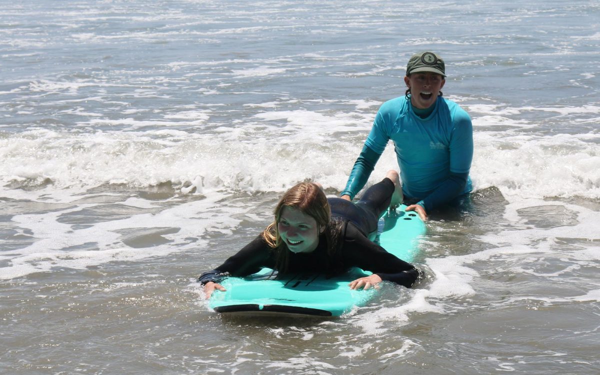 A TERI student gets a surf lesson from a Surfin’ Fire volunteer on May 21 in Oceanside. (TERI photo)