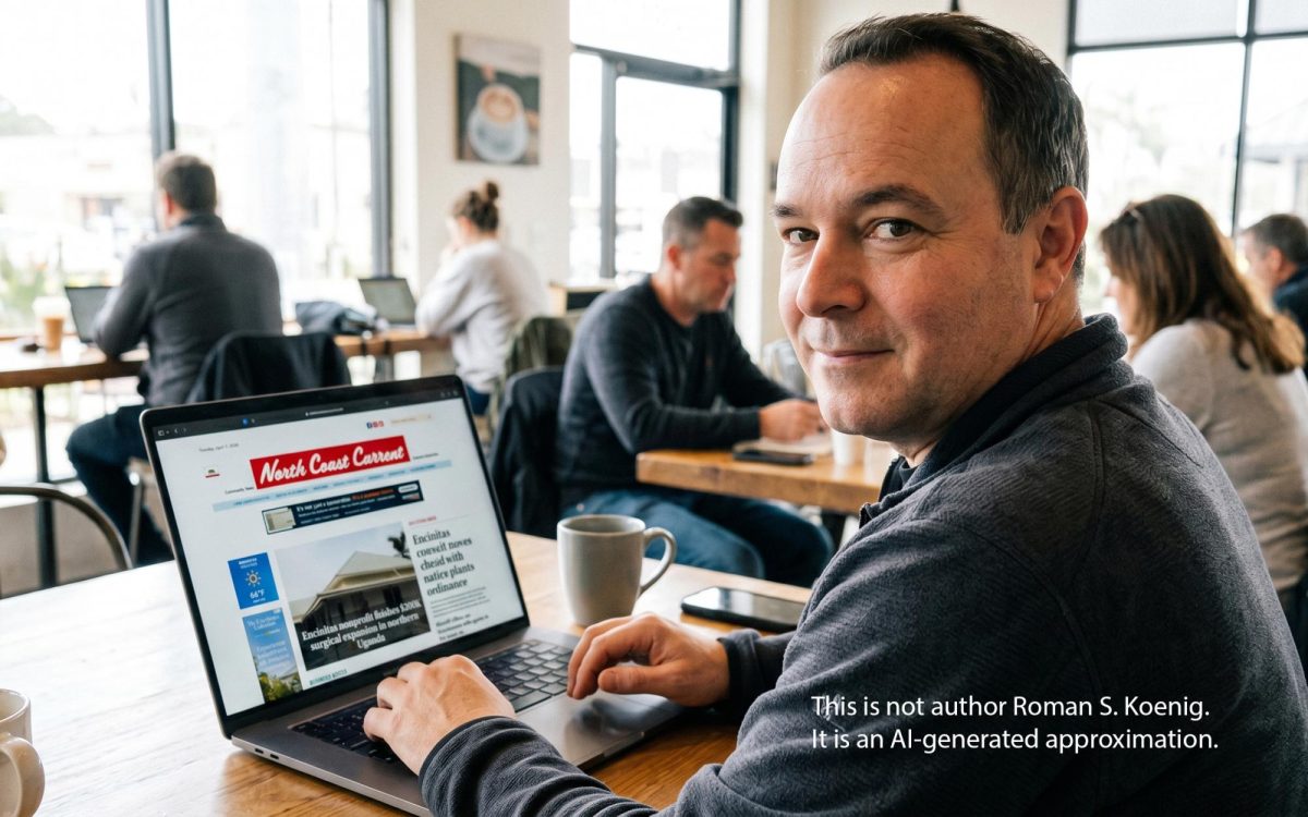 I had an AI model generate this image of me (Roman S. Koenig) based on a prompt including two reference photos — a real photo of me and a screenshot of the North Coast Current’s front page. The image, unsettlingly, closely represents how I look doing my work at a coffee shop. (AI-generated image; caption by Roman S. Koenig)