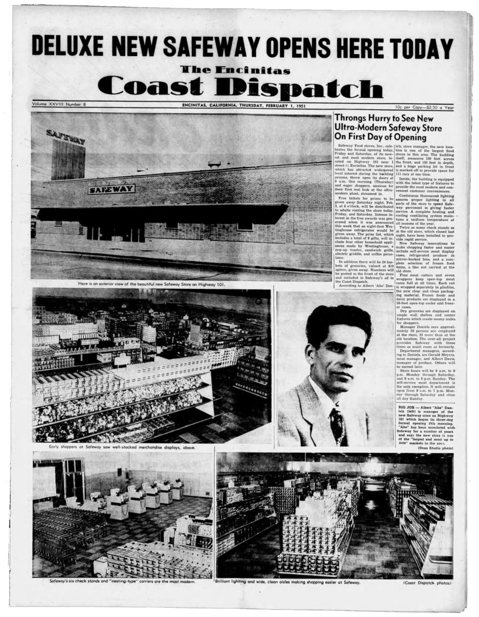 The Feb. 1, 1951, edition of the Encinitas Coast Dispatch covered the opening of a new Safeway downtown.