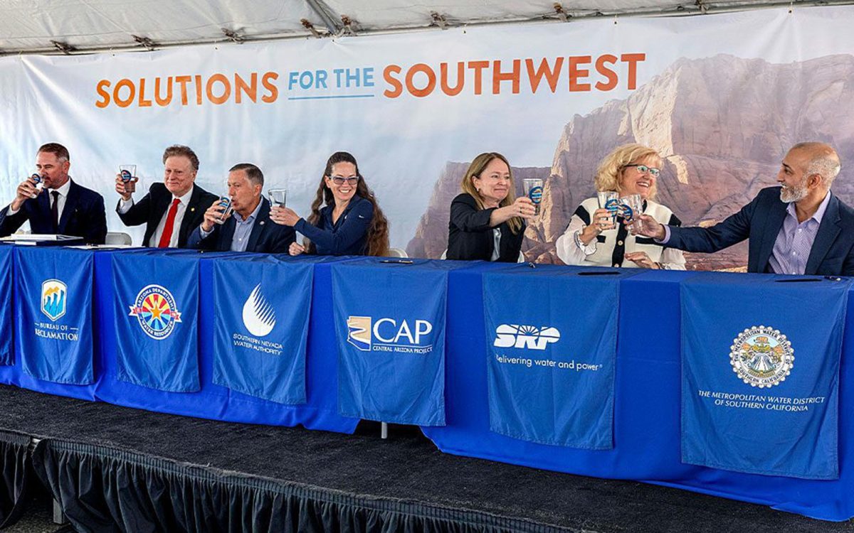 Officials from several water agencies in the Southwest toast the signing of an agreement June 3 aimed at exploring interstate water exchanges. The event took place at the Claude “Bud” Lewis Carlsbad Desalination Plant. (San Diego County Water Authority courtesy photo)