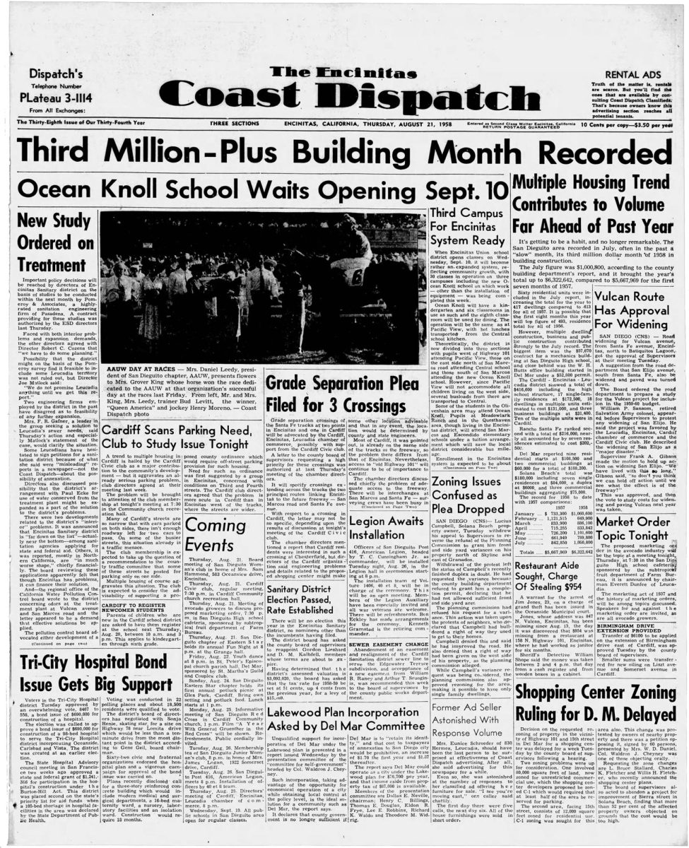 The Aug. 21, 1958, edition of the Encinitas Coast Dispatch included coverage of a successful bond measure to build Tri-City Hospital for Oceanside, Carlsbad and Vista.