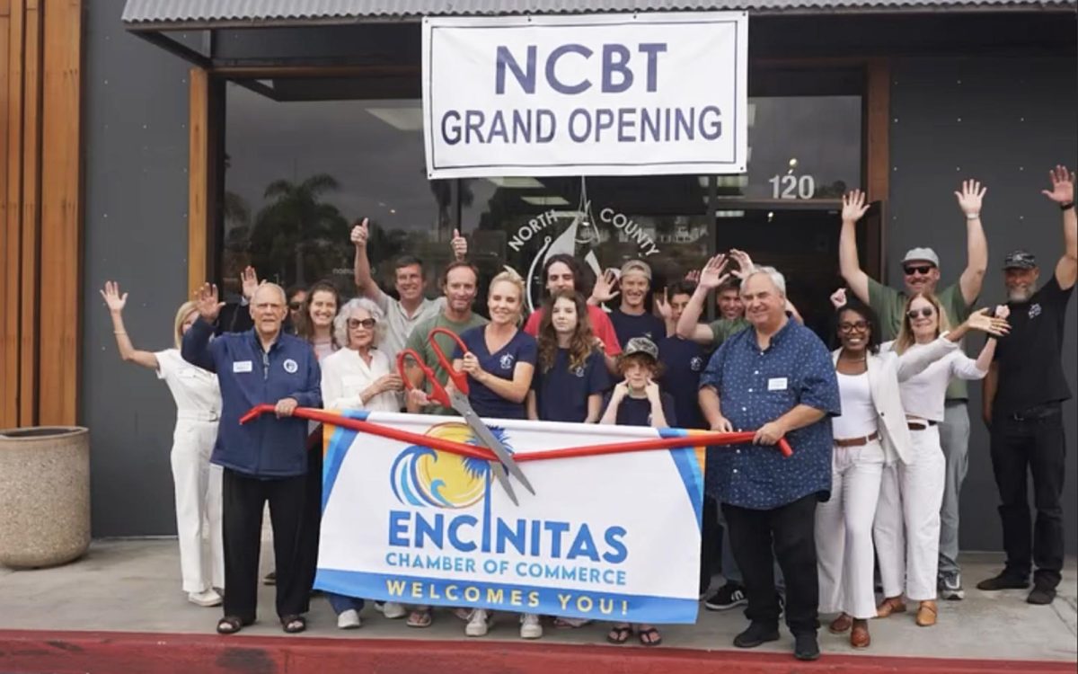 North County Bait & Tackle owners gather with supporters and Encinitas Chamber of Commerce representatives for the June 18 ribbon-cutting for the shop’s opening. (Courtesy photo)